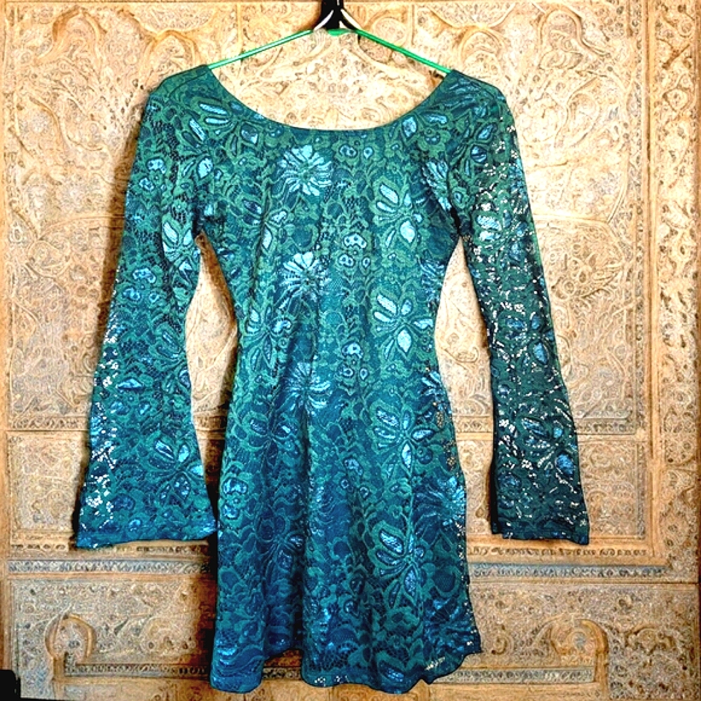 MI AMI Dark Green Lace Dress Mini Bell Sleeve Whimsygoth Fairygoth Forest  Sz S